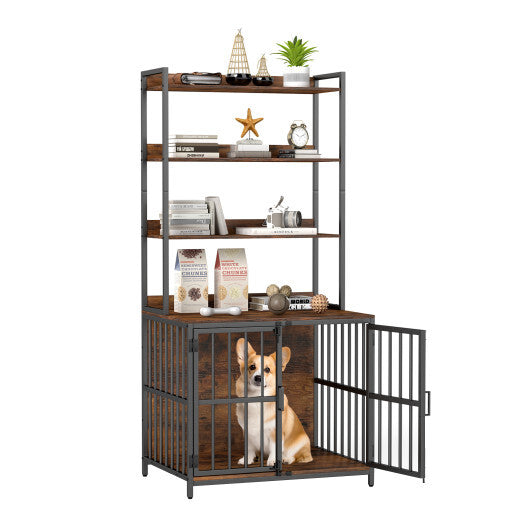 Wooden Dog Crate Furniture with Storage Shelves and Double Doors-Rustic Brown