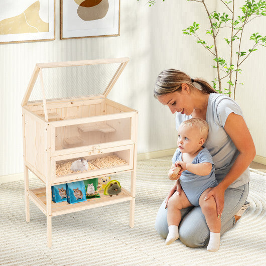31.5 Inches Freestanding Hamster Cage Wooden Hamster Habitat Playpen-Natural LuxuryLifeWay Online Store