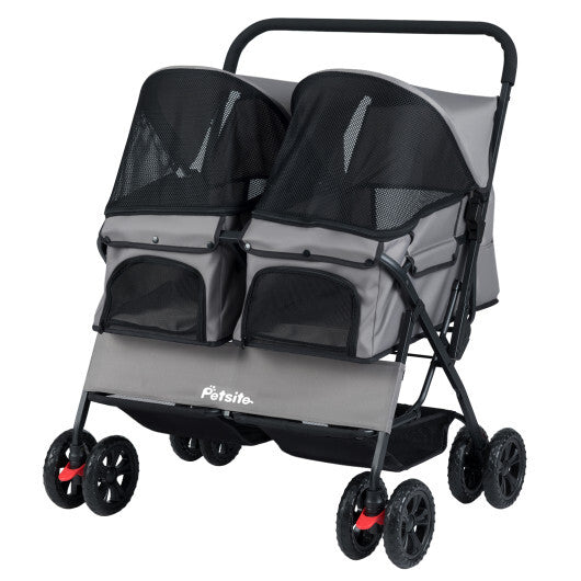 Foldable Double Pet Stroller with Adjustable Sunshade and Storage Basket-Gray LuxuryLifeWay Online Store