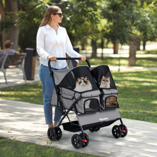 Foldable Double Pet Stroller with Adjustable Sunshade and Storage Basket-Gray LuxuryLifeWay Online Store