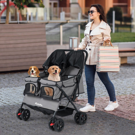Foldable Double Pet Stroller with Adjustable Sunshade and Storage Basket-Gray LuxuryLifeWay Online Store