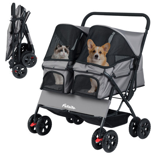 Foldable Double Pet Stroller with Adjustable Sunshade and Storage Basket-Gray LuxuryLifeWay Online Store