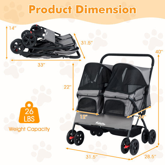 Foldable Double Pet Stroller with Adjustable Sunshade and Storage Basket-Gray LuxuryLifeWay Online Store