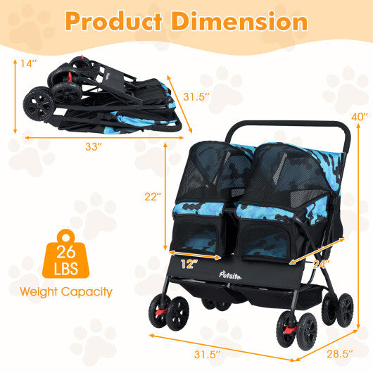 Foldable Double Pet Stroller with Adjustable Sunshade and Storage Basket-Gray LuxuryLifeWay Online Store