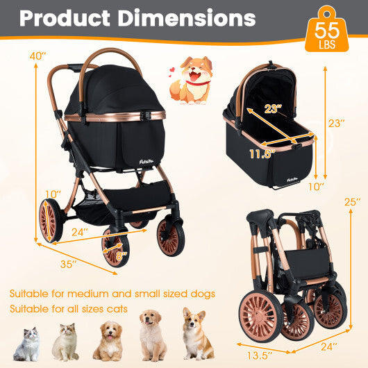 3-in-1 Foldable Pet Stroller with  Sun Shade and Safety Belt for up to 55 lbs Small Medium Dogs Cats-Black LuxuryLifeWay Online Store