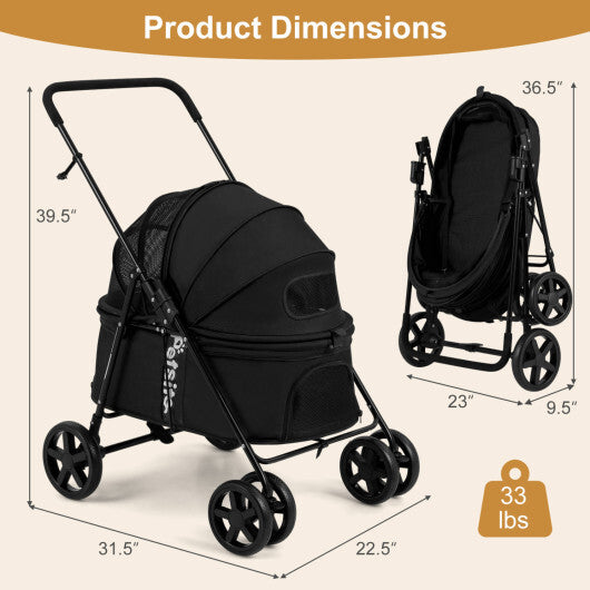 Pet Stroller for Small Medium Dogs Foldable with One-Step Rear Brake and Canopy-Black LuxuryLifeWay Online Store
