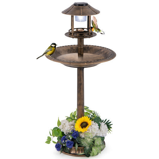Pedestal Bird Bath with Solar Light with Bird Feeder and Flower Planter-Bronze LuxuryLifeWay Online Store