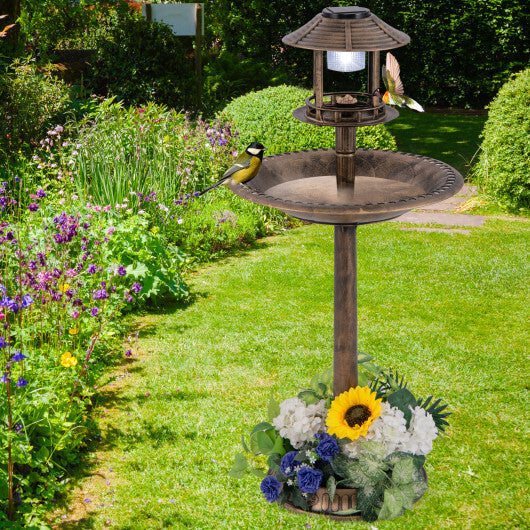 Pedestal Bird Bath with Solar Light with Bird Feeder and Flower Planter-Bronze LuxuryLifeWay Online Store