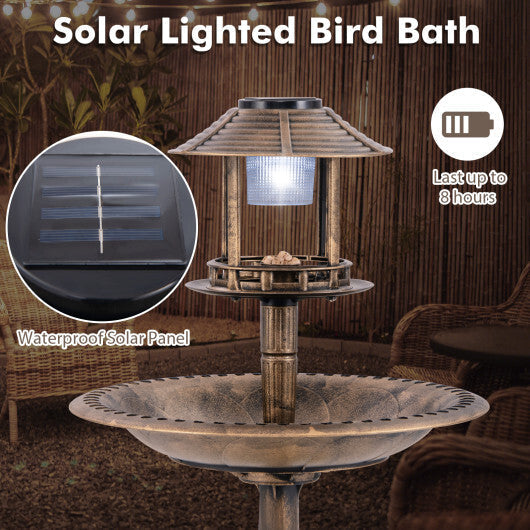 Pedestal Bird Bath with Solar Light with Bird Feeder and Flower Planter-Bronze LuxuryLifeWay Online Store