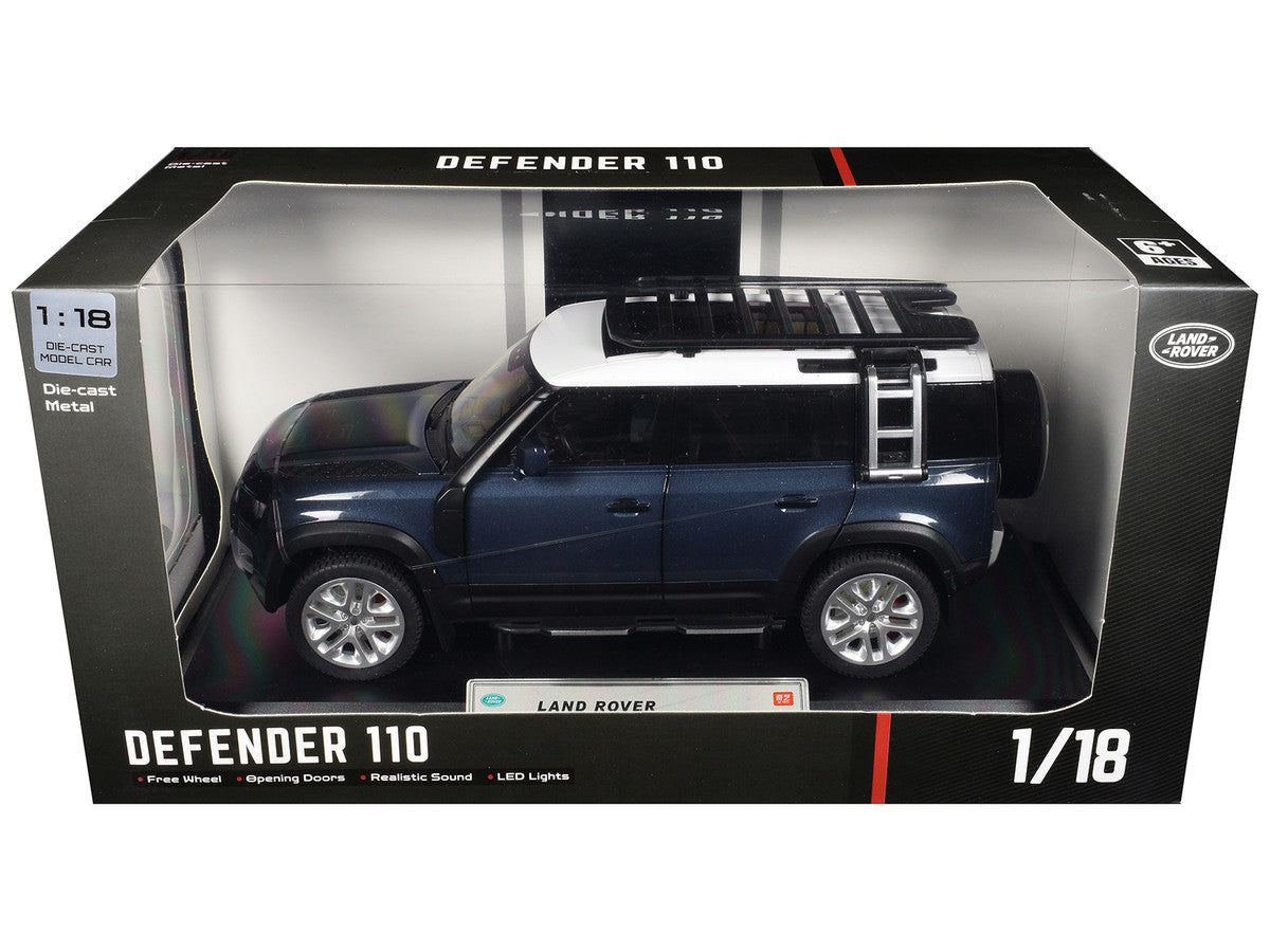 Land Rover Defender 110 Blue Metallic with White Top and Roof Rack 1/18 Diecast Model Car by Heimanba LuxuryLifeWay Online Store