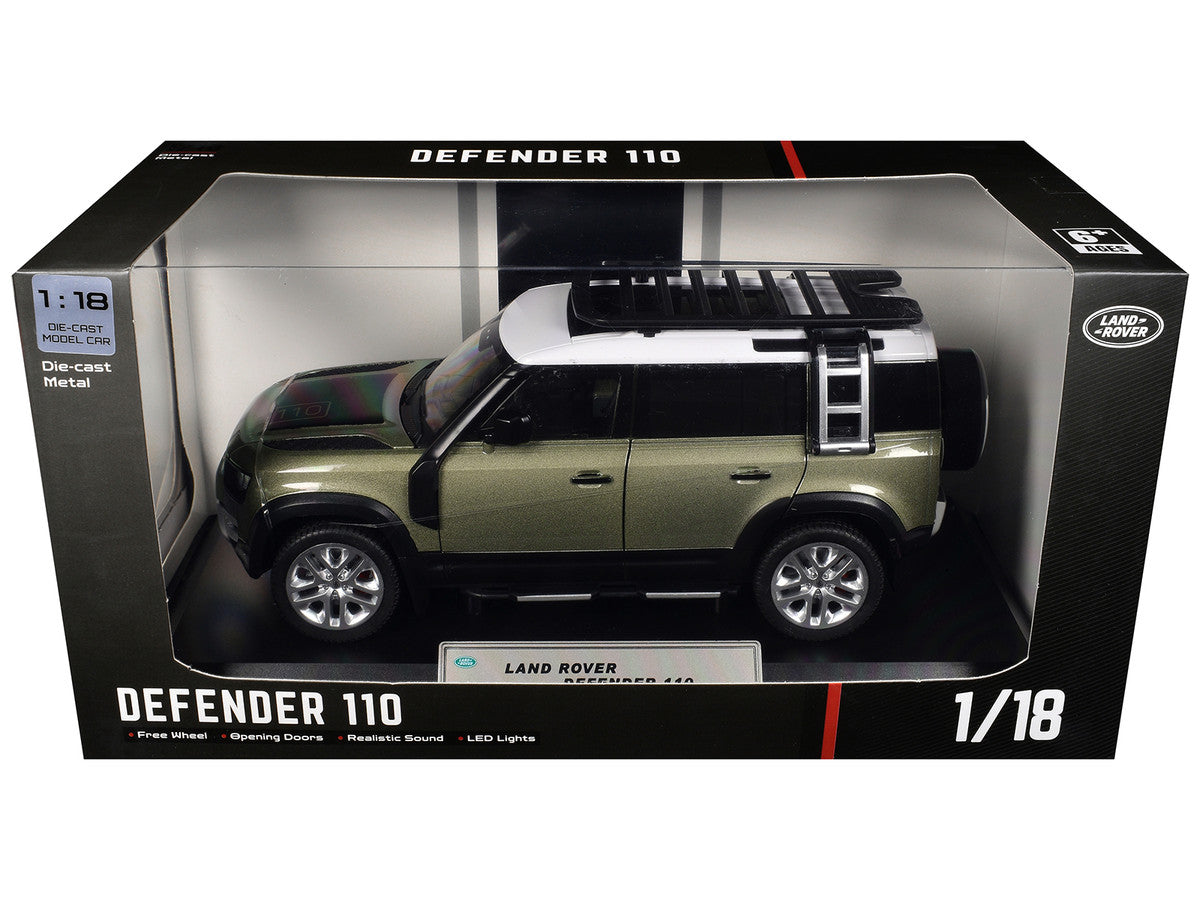 Land Rover Defender 110 Green Metallic with White Top and Roof Rack 1/18 Diecast Model Car by Heimanba LuxuryLifeWay Online Store