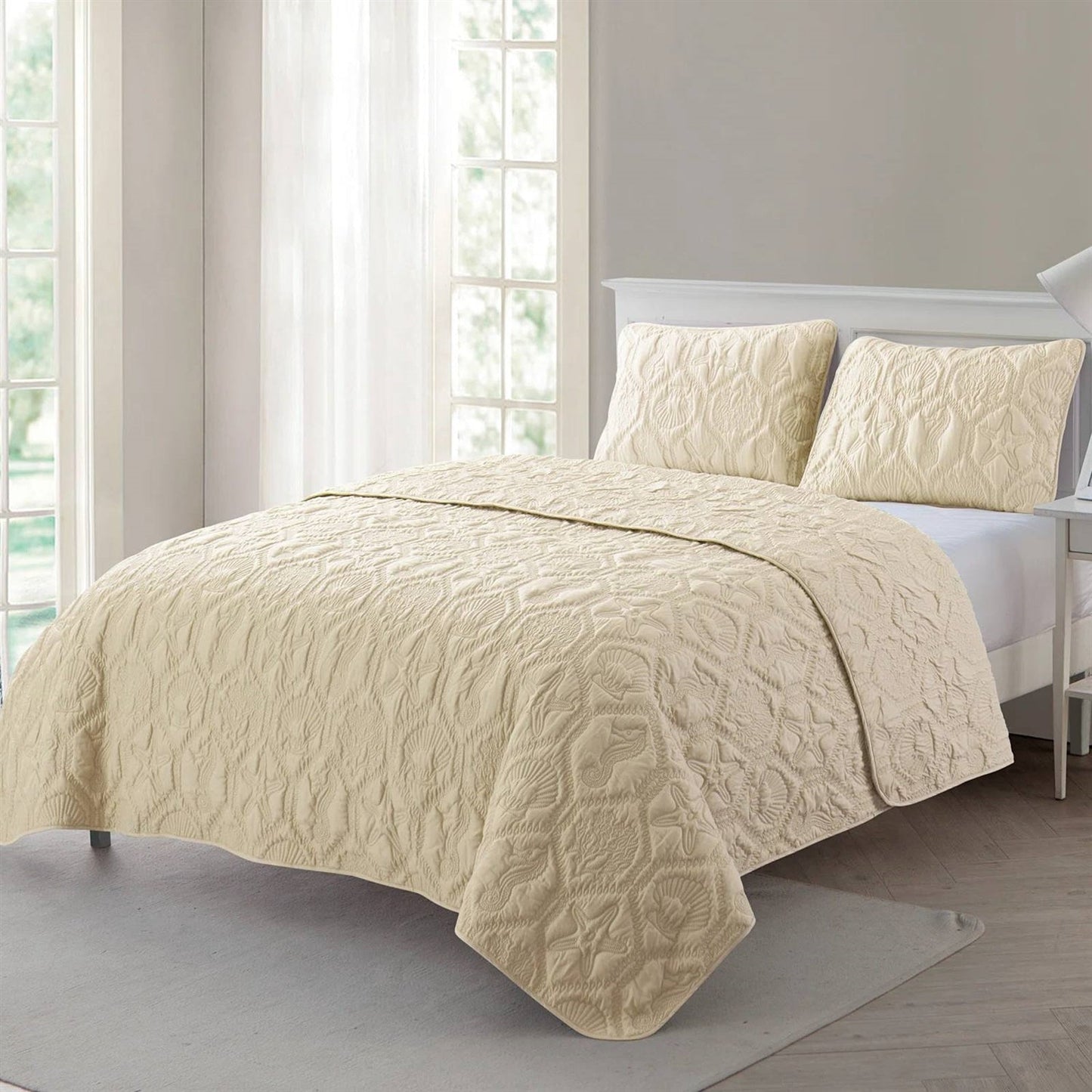 Queen Coastal Beach Starfish Seashells Seahorse Sand Tan 3-Piece Quilt Set LuxuryLifeWay Online Store