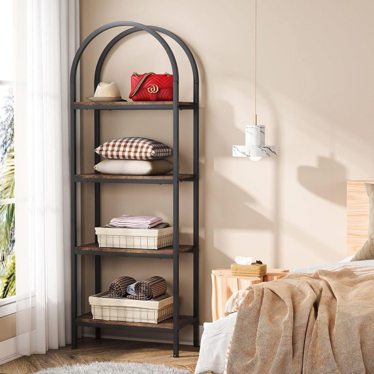 Modern Industrial Metal Wood Display Rack Bookcase with 4 Storage Shelves LuxuryLifeWay Online Store