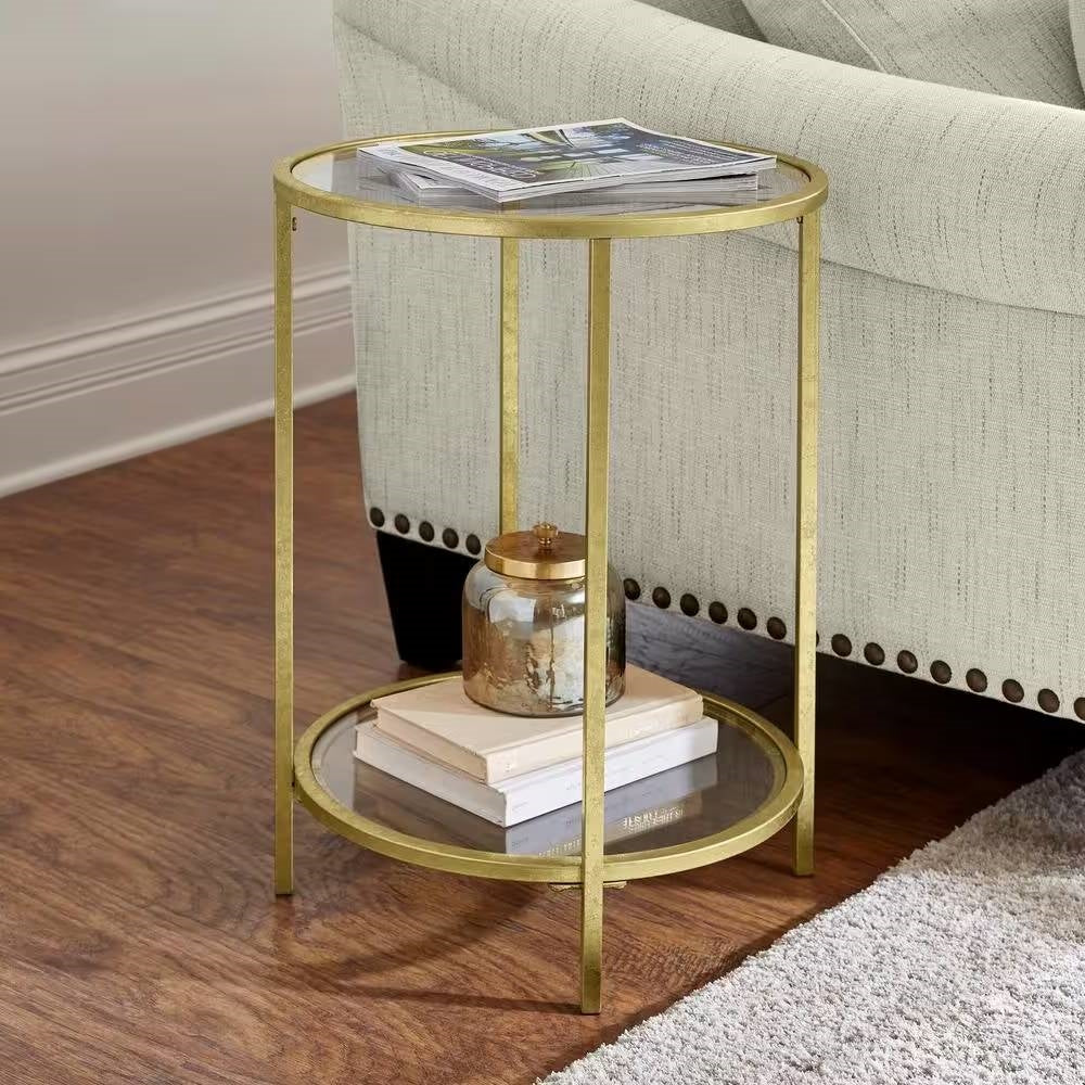 Round Accent Side Table Gold Metal Glass Top Bottom Shelf End Table LuxuryLifeWay Online Store
