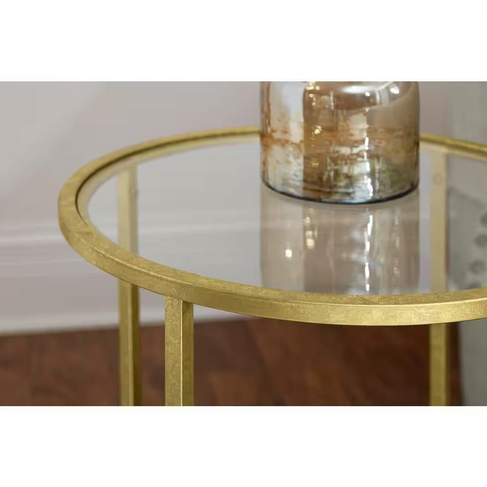 Round Accent Side Table Gold Metal Glass Top Bottom Shelf End Table LuxuryLifeWay Online Store