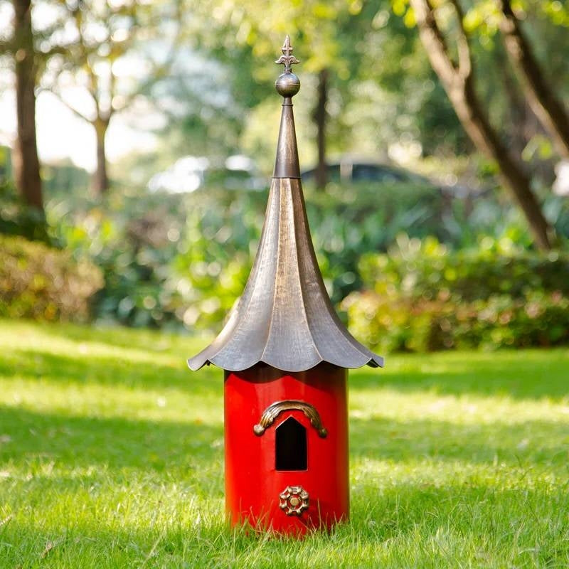 Outdoor Red Metal Bird House with Vintage Bronze Phonograph Style Roof LuxuryLifeWay Online Store