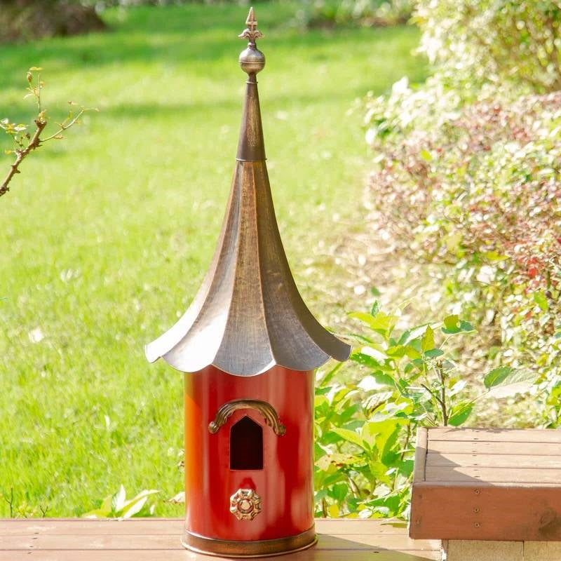 Outdoor Red Metal Bird House with Vintage Bronze Phonograph Style Roof LuxuryLifeWay Online Store