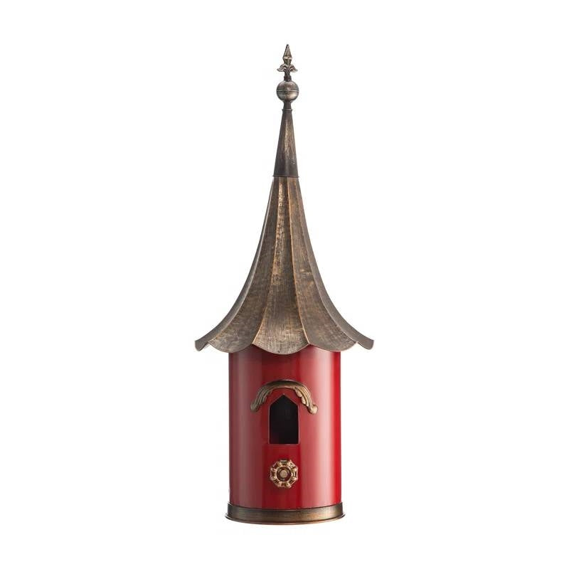 Outdoor Red Metal Bird House with Vintage Bronze Phonograph Style Roof LuxuryLifeWay Online Store