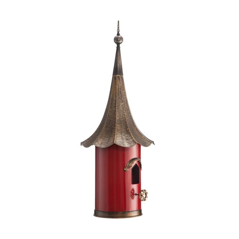 Outdoor Red Metal Bird House with Vintage Bronze Phonograph Style Roof LuxuryLifeWay Online Store