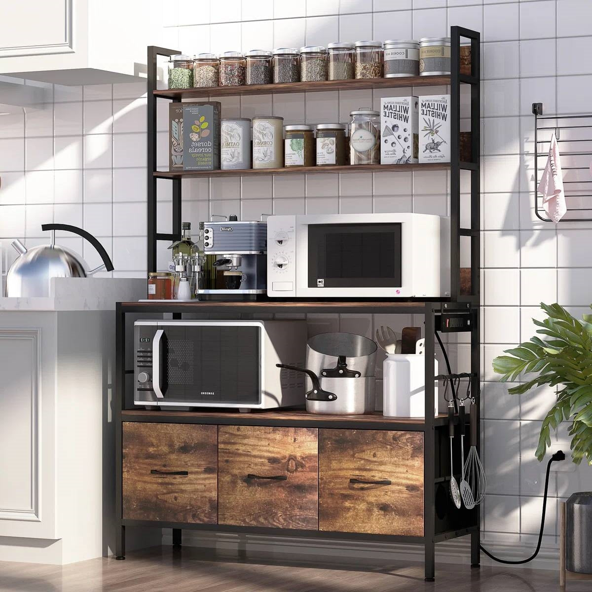 Black Metal Kitchen Baker's Rack with Brown Wood Shelves and Storage Cabinets LuxuryLifeWay Online Store