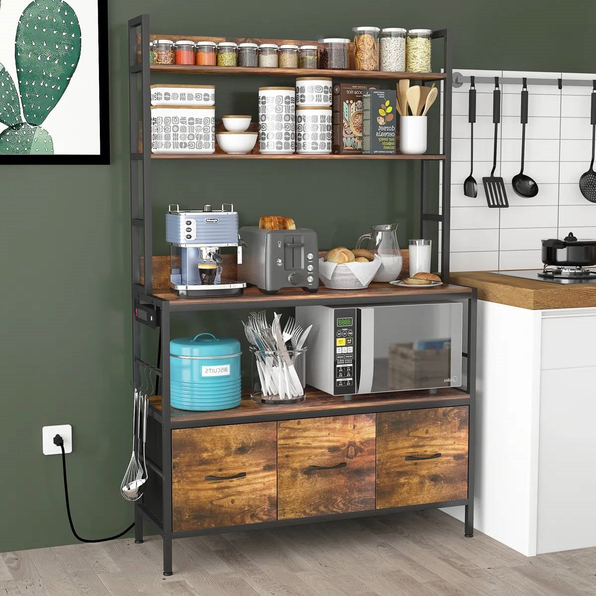 Black Metal Kitchen Baker's Rack with Brown Wood Shelves and Storage Cabinets LuxuryLifeWay Online Store