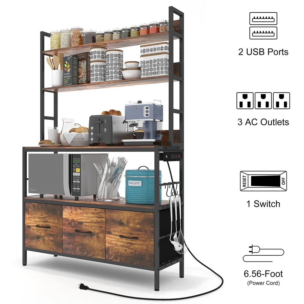 Black Metal Kitchen Baker's Rack with Brown Wood Shelves and Storage Cabinets LuxuryLifeWay Online Store
