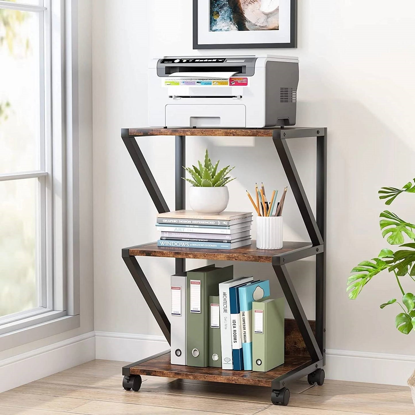 Modern Industrial Metal Wood 3-Tier Printer Stand Office Storage Cart on Wheels LuxuryLifeWay Online Store