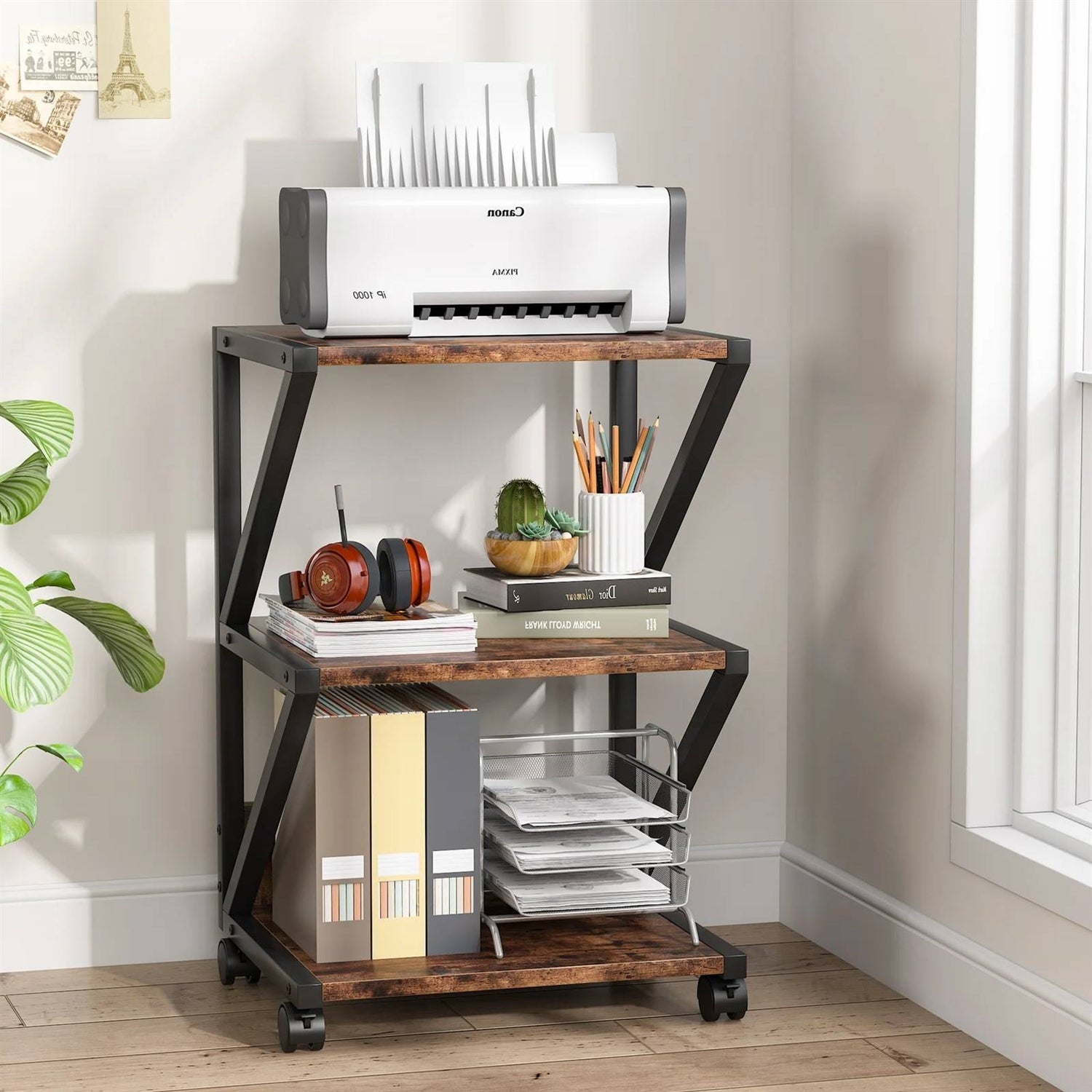 Modern Industrial Metal Wood 3-Tier Printer Stand Office Storage Cart on Wheels LuxuryLifeWay Online Store