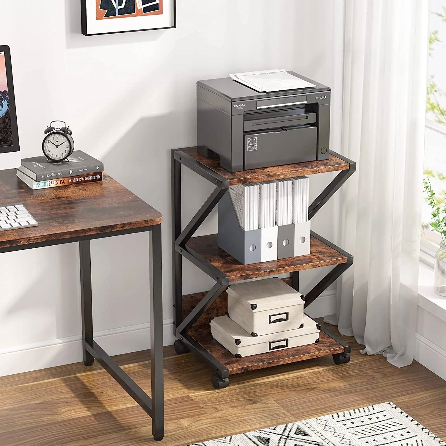 Modern Industrial Metal Wood 3-Tier Printer Stand Office Storage Cart on Wheels LuxuryLifeWay Online Store