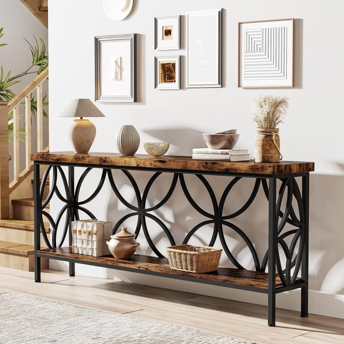 Modern 70-inch Long Narrow Console Sofa Table with Brown Wood Top and Shelf LuxuryLifeWay Online Store
