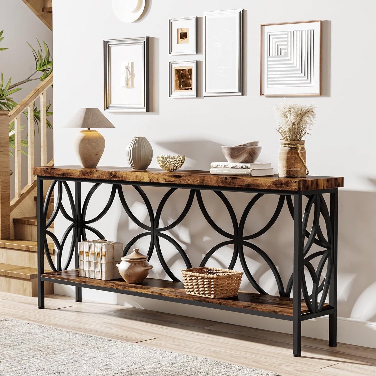 Modern 70-inch Long Narrow Console Sofa Table with Brown Wood Top and Shelf LuxuryLifeWay Online Store