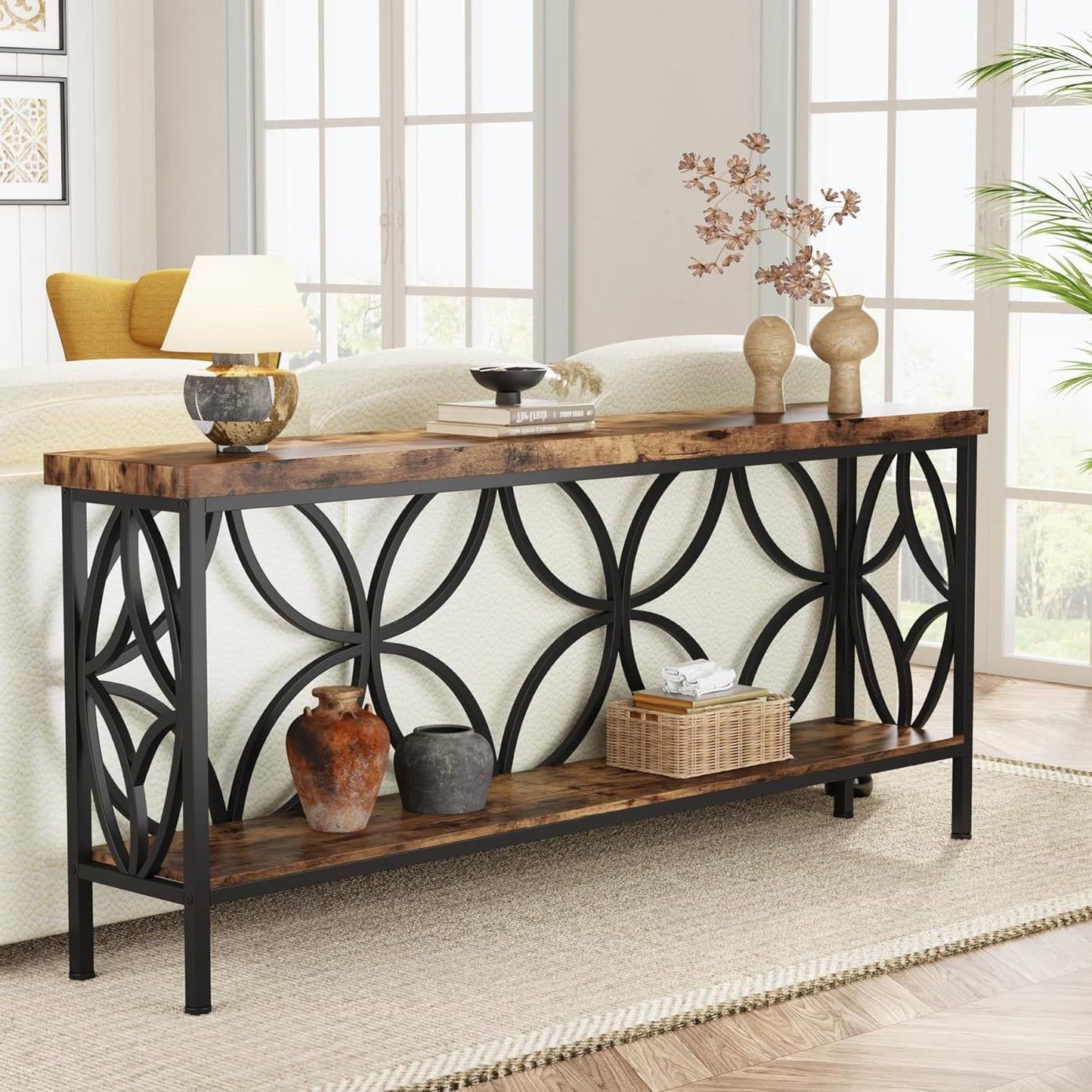 Modern 70-inch Long Narrow Console Sofa Table with Brown Wood Top and Shelf LuxuryLifeWay Online Store