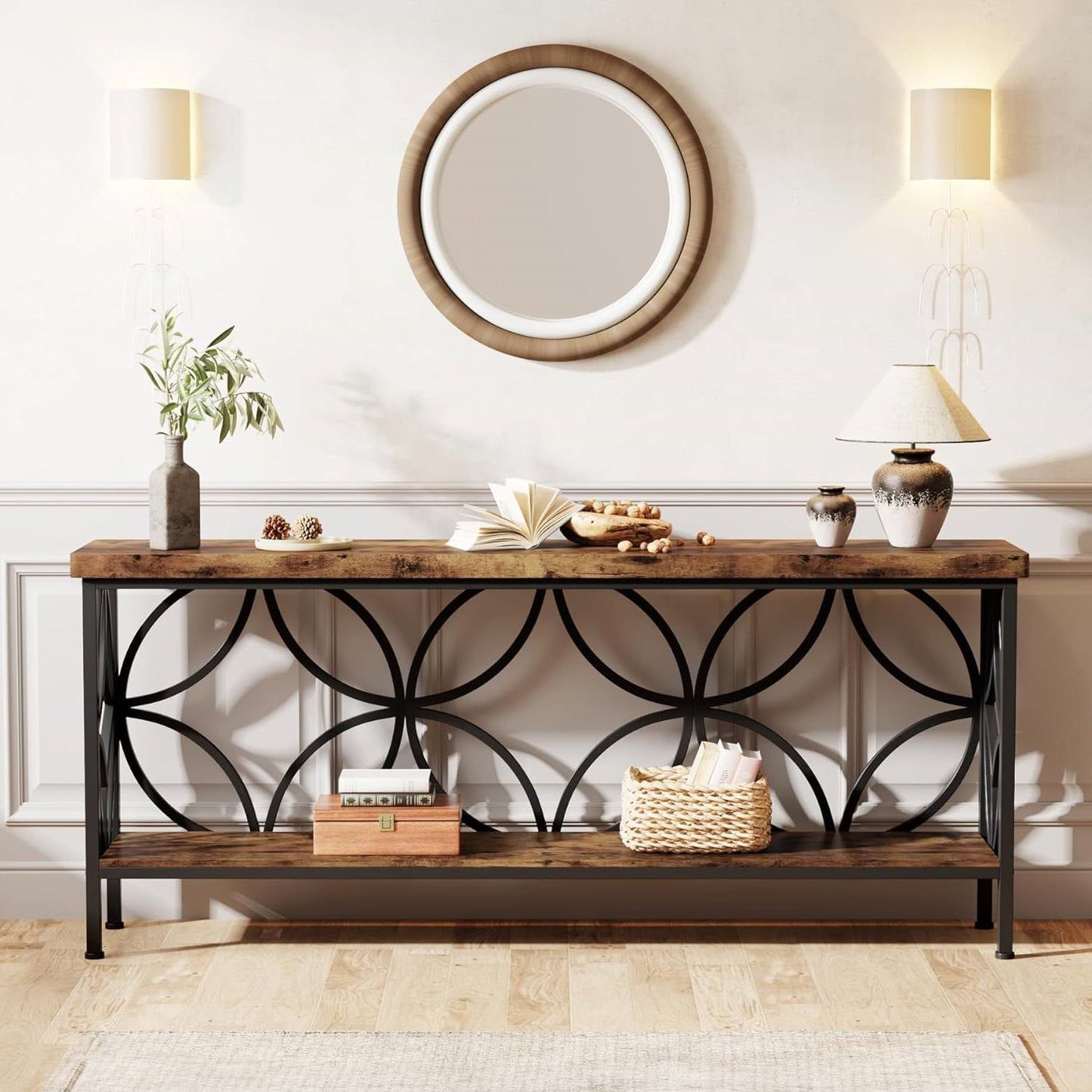 Modern 70-inch Long Narrow Console Sofa Table with Brown Wood Top and Shelf LuxuryLifeWay Online Store