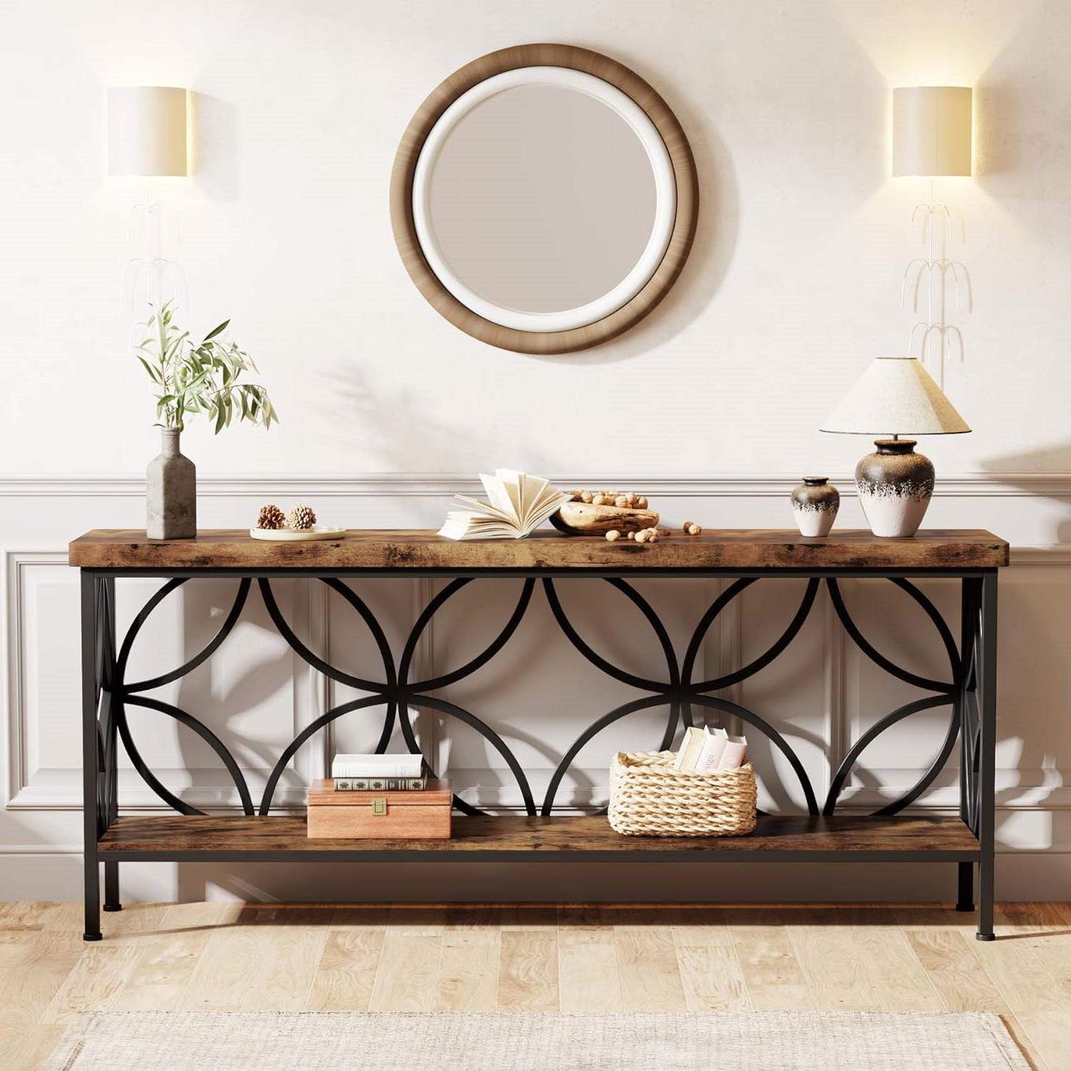 Modern 70-inch Long Narrow Console Sofa Table with Brown Wood Top and Shelf LuxuryLifeWay Online Store