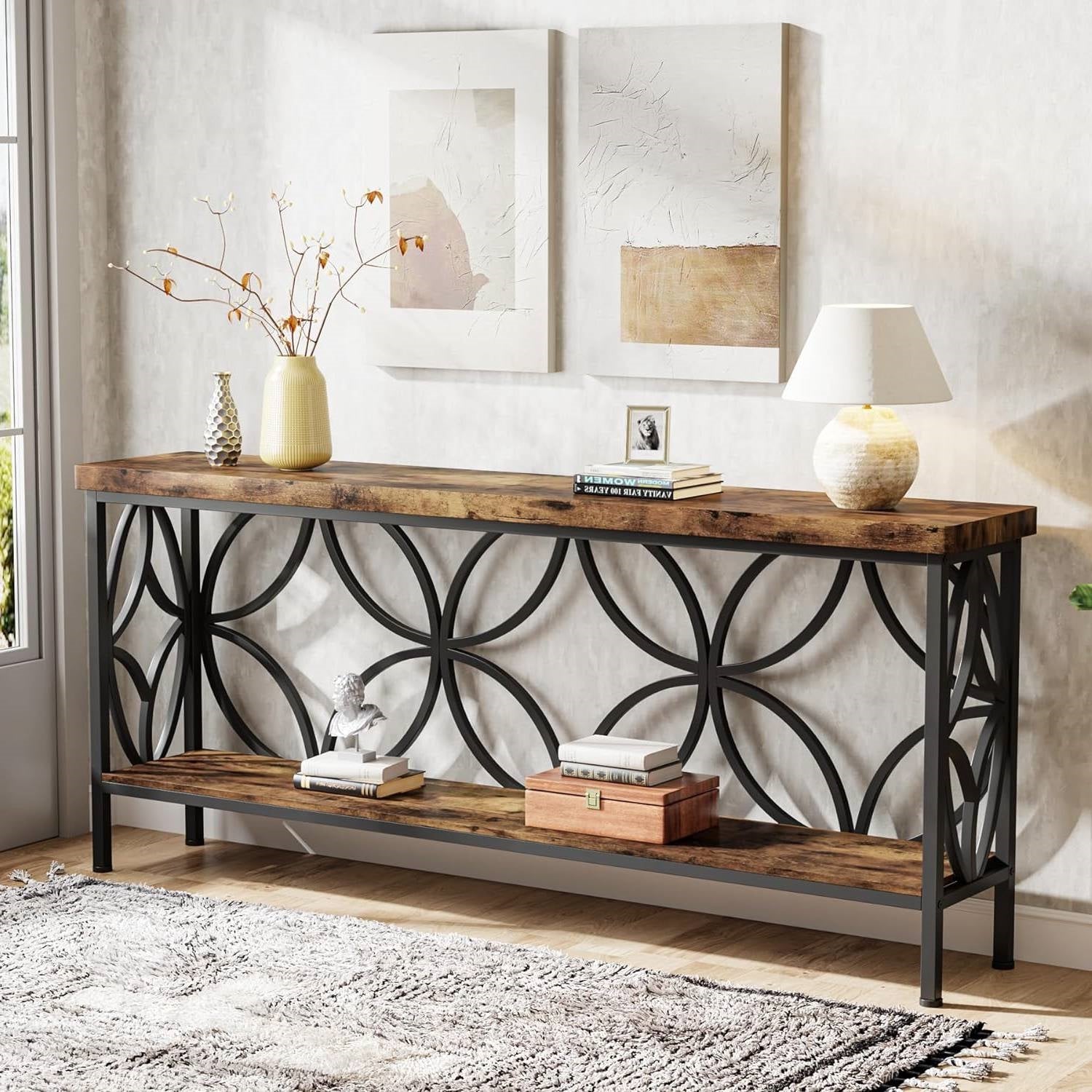 Modern 70-inch Long Narrow Console Sofa Table with Brown Wood Top and Shelf LuxuryLifeWay Online Store
