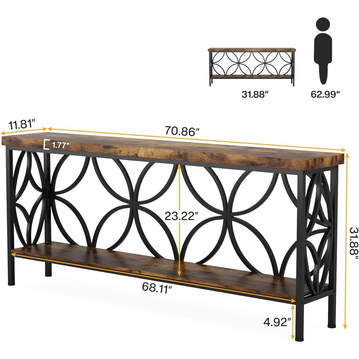 Modern 70-inch Long Narrow Console Sofa Table with Brown Wood Top and Shelf LuxuryLifeWay Online Store