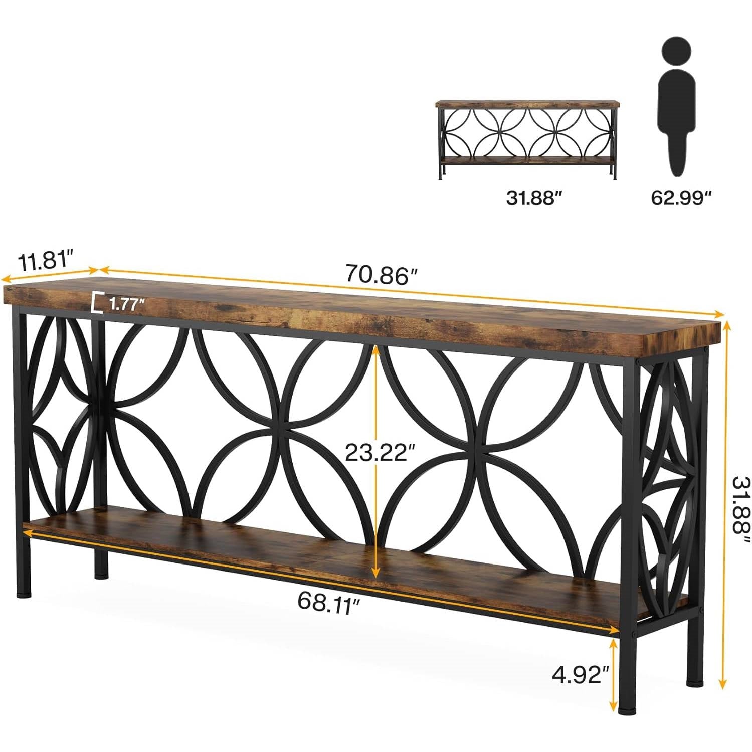 Modern 70-inch Long Narrow Console Sofa Table with Brown Wood Top and Shelf LuxuryLifeWay Online Store