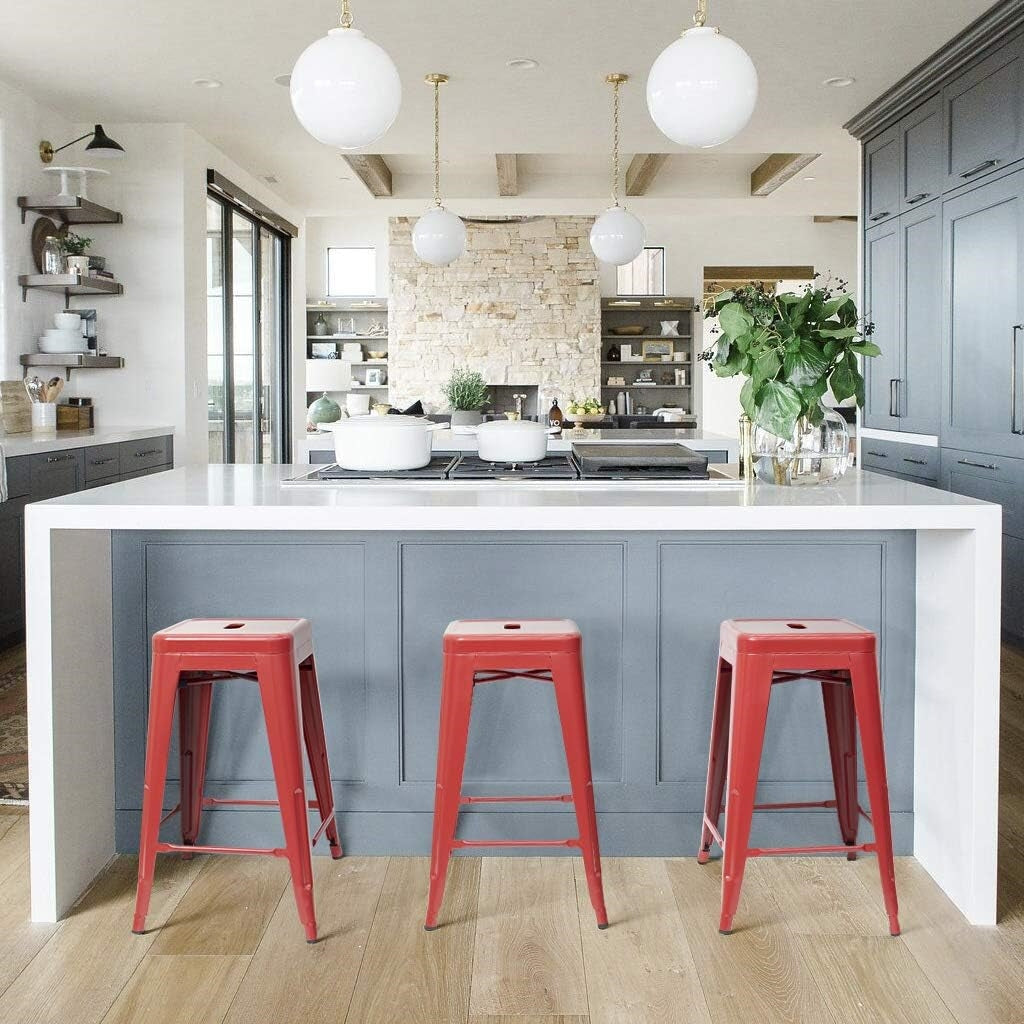 Set of 4 - 24-in. Indoor/Outdoor Backless Stacking Red Metal Barstools LuxuryLifeWay Online Store