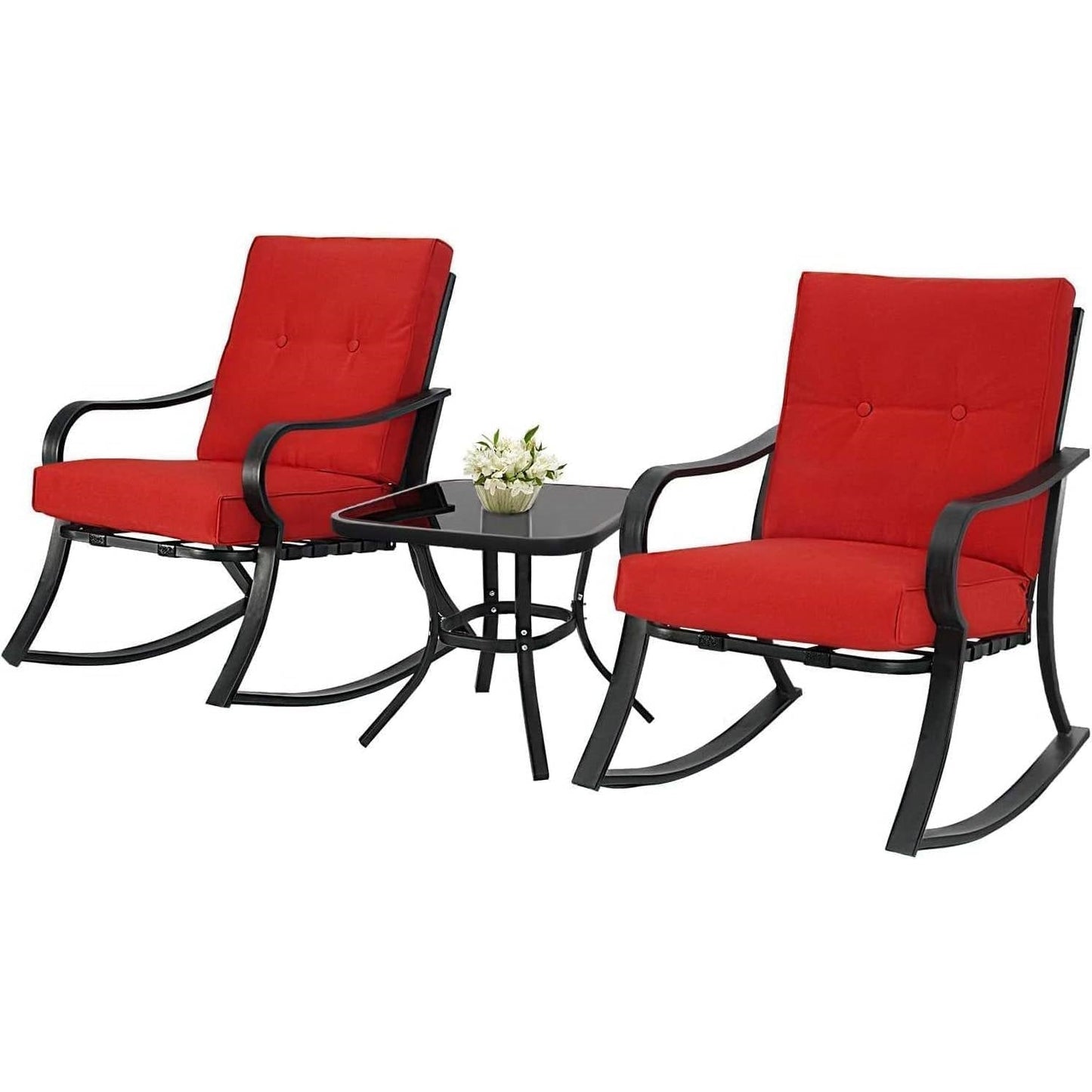 Outdoor 3-Piece Patio Furniture Rocking Chairs Table Set with Red Cushions LuxuryLifeWay Online Store