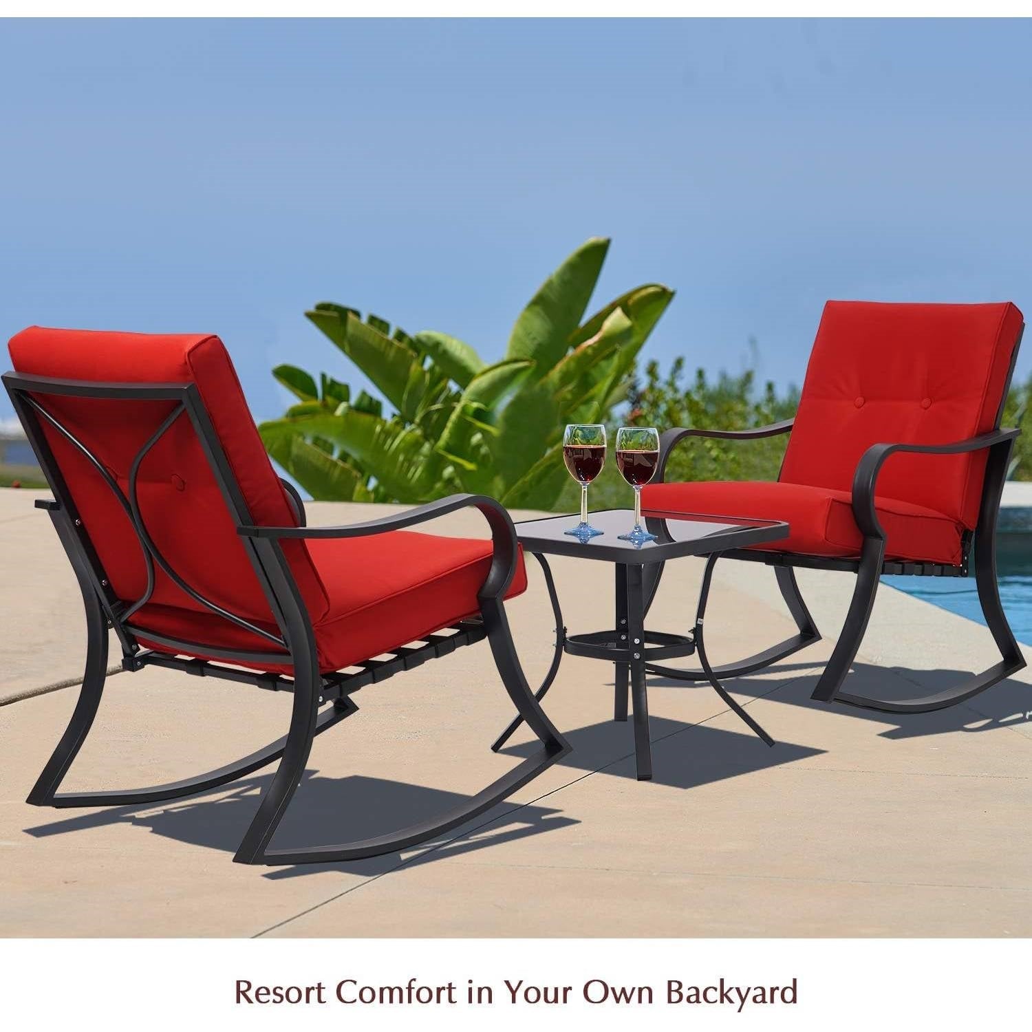 Outdoor 3-Piece Patio Furniture Rocking Chairs Table Set with Red Cushions LuxuryLifeWay Online Store