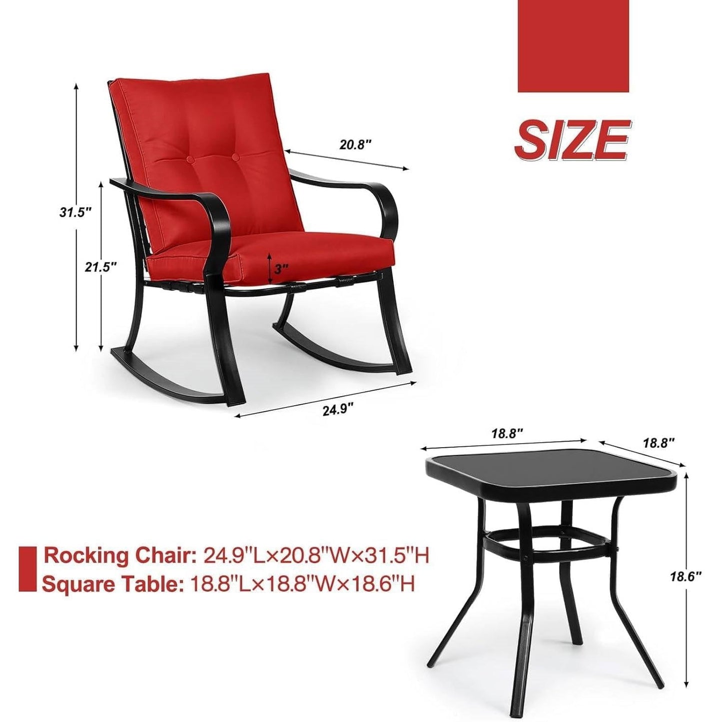 Outdoor 3-Piece Patio Furniture Rocking Chairs Table Set with Red Cushions LuxuryLifeWay Online Store