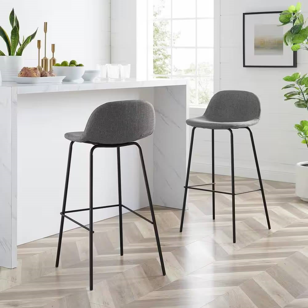 Set of 2 - Modern Low Back Barstool with Black Metal Frame and Grey Linen Seat LuxuryLifeWay Online Store