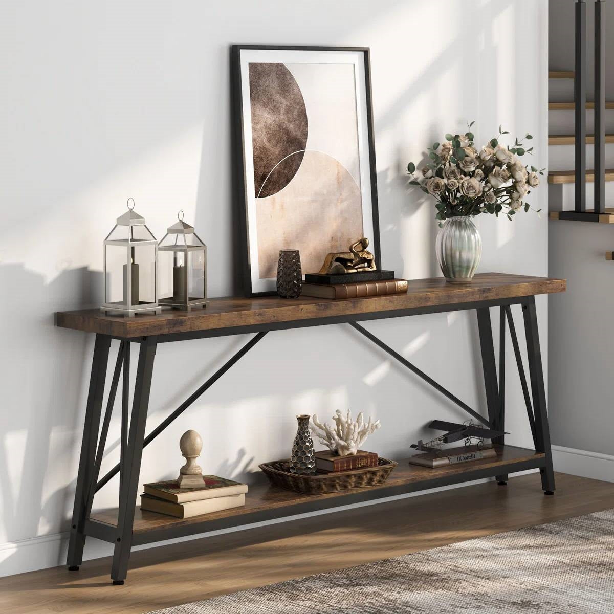 Sturdy 70-inch Industrial Brown Wood Top Console Table with Black Metal Frame LuxuryLifeWay Online Store