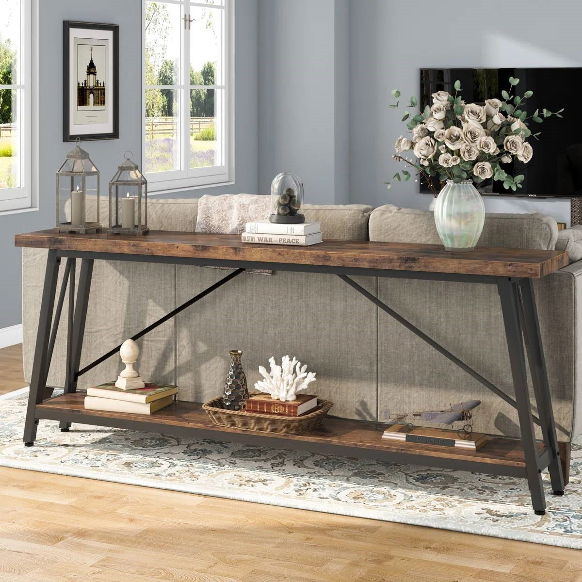 Sturdy 70-inch Industrial Brown Wood Top Console Table with Black Metal Frame LuxuryLifeWay Online Store
