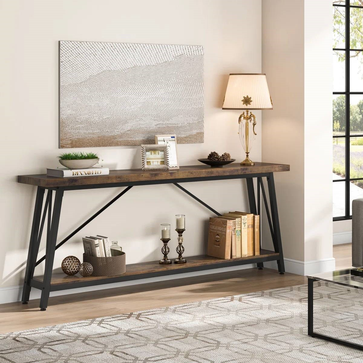 Sturdy 70-inch Industrial Brown Wood Top Console Table with Black Metal Frame LuxuryLifeWay Online Store