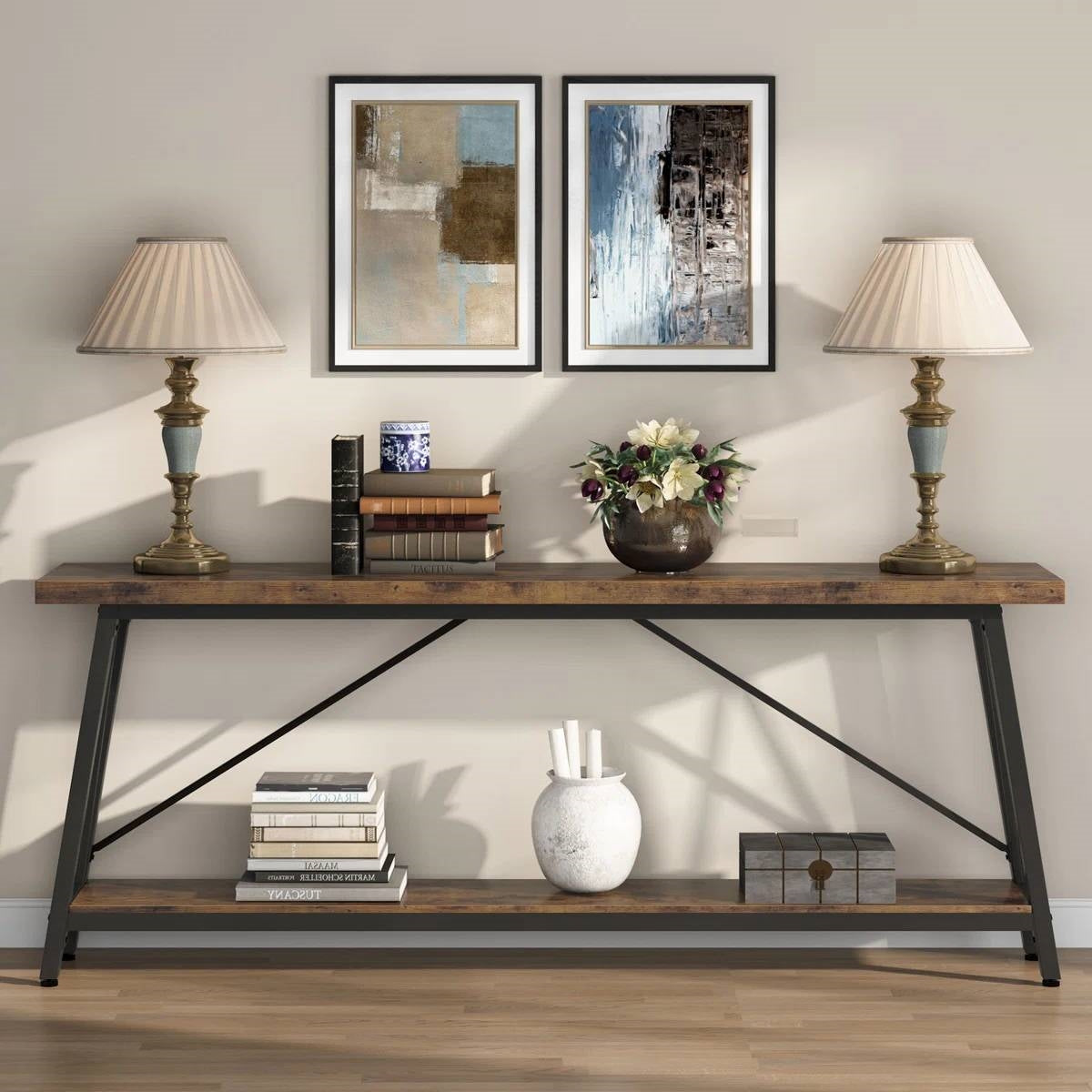 Sturdy 70-inch Industrial Brown Wood Top Console Table with Black Metal Frame LuxuryLifeWay Online Store