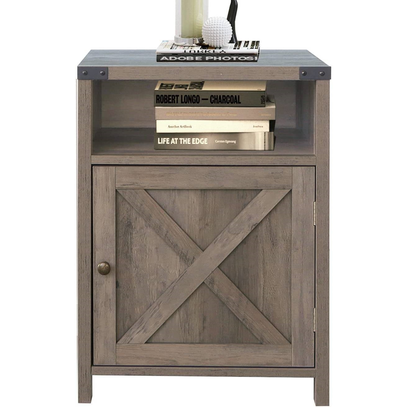 Farmhouse Style End Table Barn Door Nightstand with Open Shelf in Rustic Oak LuxuryLifeWay Online Store