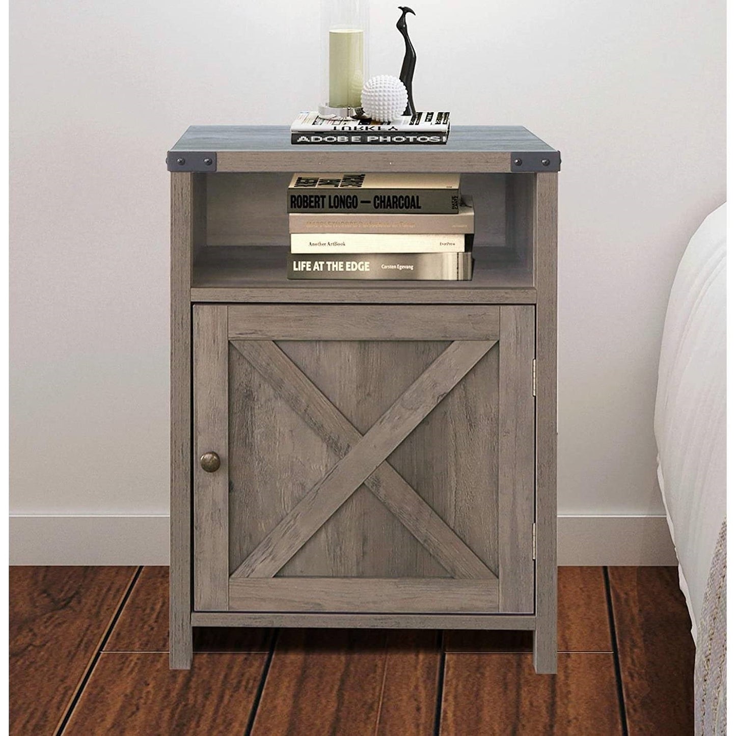 Farmhouse Style End Table Barn Door Nightstand with Open Shelf in Rustic Oak LuxuryLifeWay Online Store
