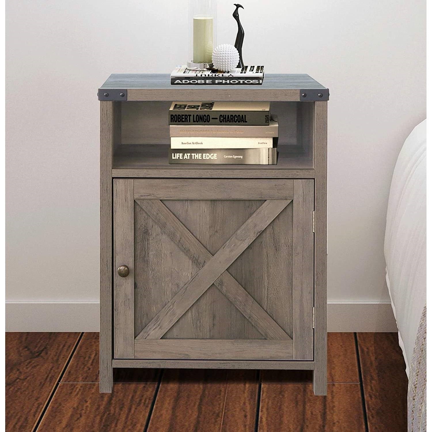 Farmhouse Style End Table Barn Door Nightstand with Open Shelf in Rustic Oak LuxuryLifeWay Online Store