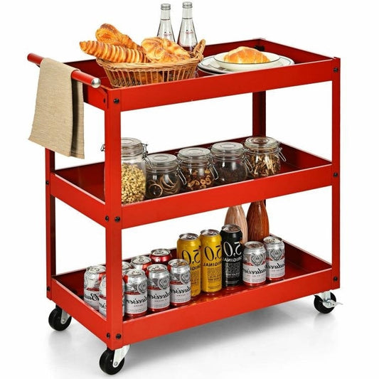 Red Steel Frame Kitchen Serving Utility Cart on Wheels with 2 Bottom Shelves LuxuryLifeWay Online Store